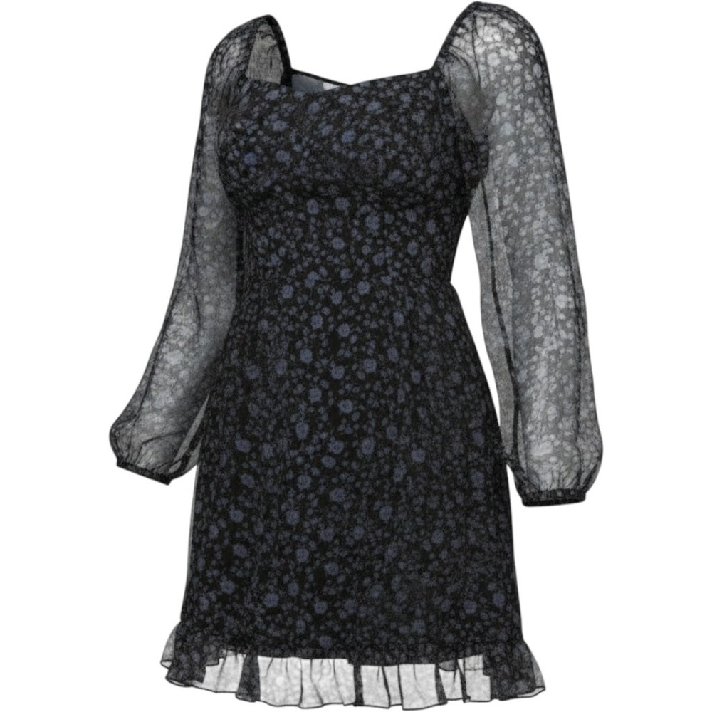 All in Favor Women Black Blue Floral Smocked Mini Dress Long Sheer Sleeve S NEW‎